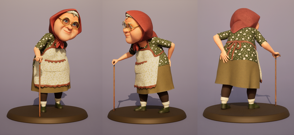 Three posed views of the finished Grandma character