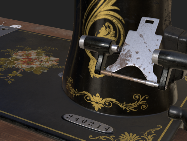 Close-up of floral decoration on the sewing machine