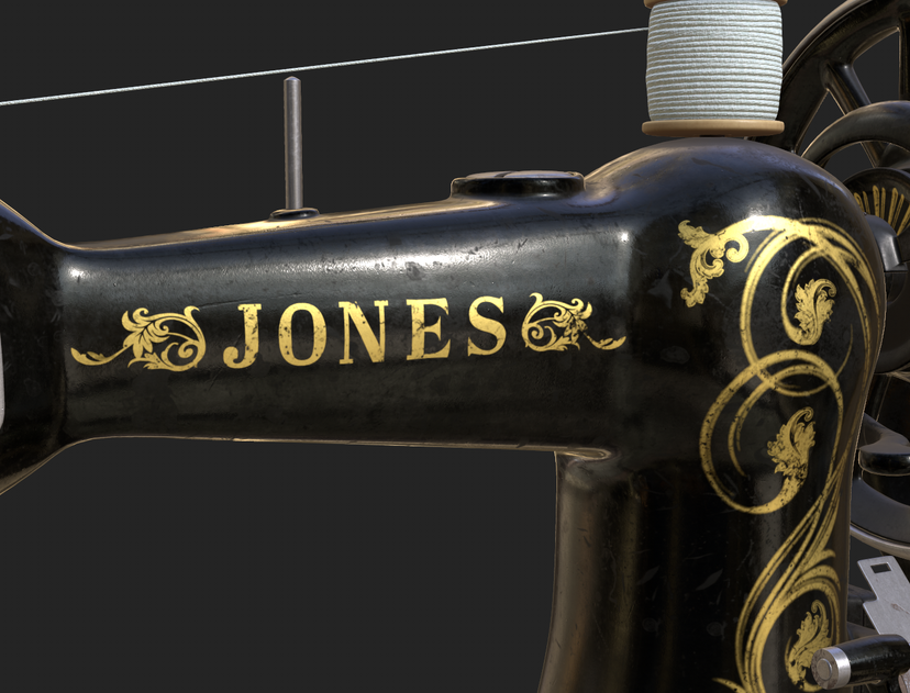 Close-up of gold Jones ornament and aged metal