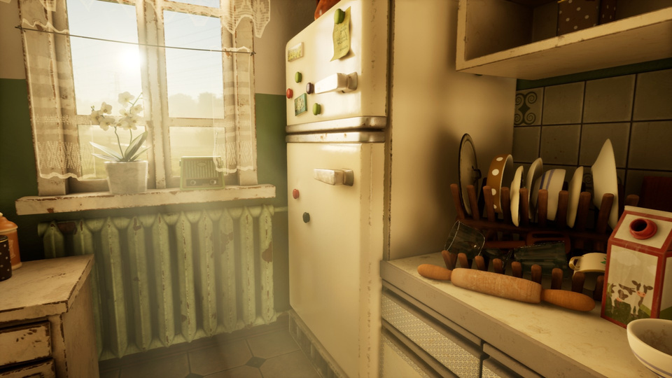 Warm daylight render of a small modeled kitchen